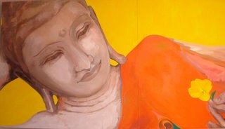 The giant Buddha mural in the Birmingham Buddhist Centre's cafe area