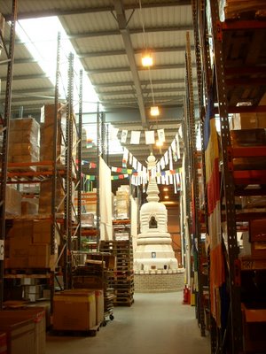 A view of the windhorse warehouse, and the giant stupa at its heart